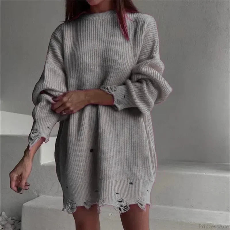 Loose Solid Ripped Round Neck Sweater Gray / One Size