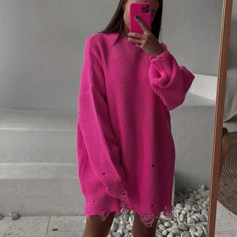Loose Solid Ripped Round Neck Sweater Rose Red / One Size