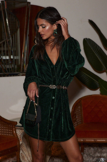 Loretta Emerald Velvet Mini Dress styled in a complete look from an alternate angle.