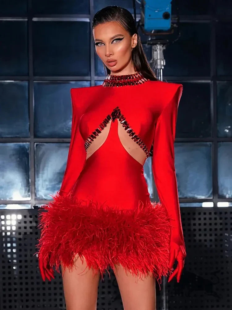 Luxury Beading Feather Mini Party Dress Red / S Partydress-241208
