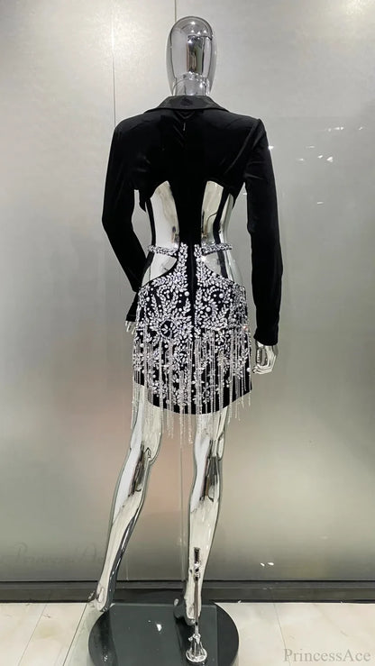 Luxury Diamonds Tassel Sexy Hollow Notched Black Mini Dress Evening Christmas Party Dresses-L