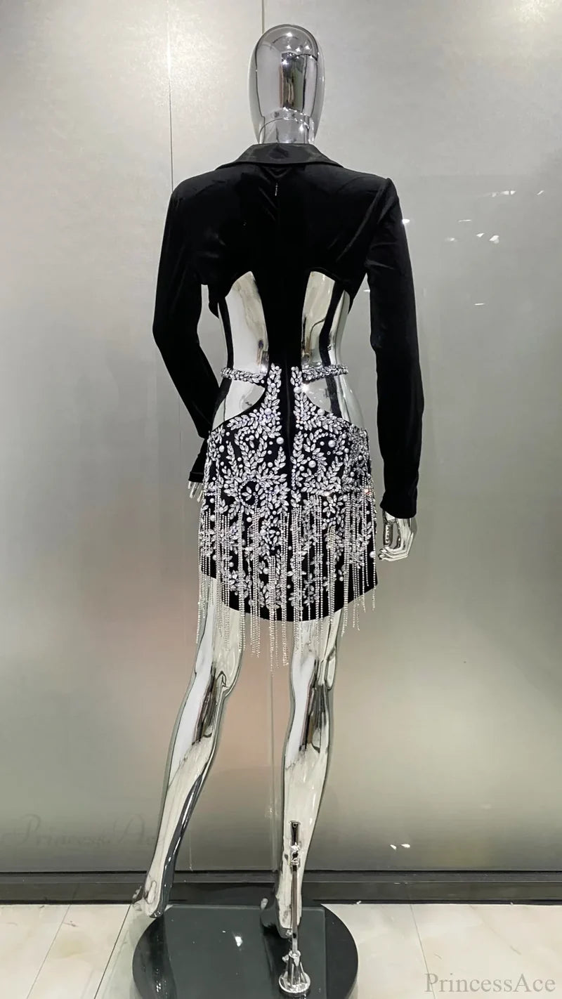 Luxury Diamonds Tassel Sexy Hollow Notched Black Mini Dress Evening Party Christmas Dresses-L