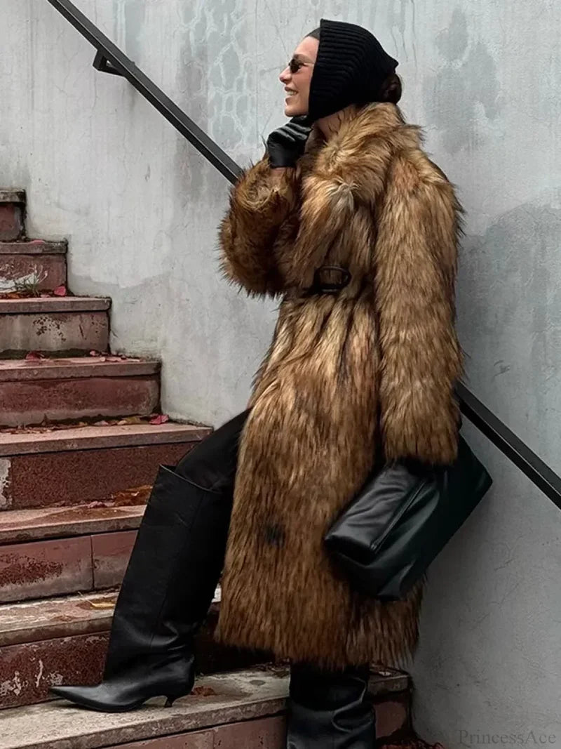 Luxury Fox Coat Long Overcoat brown / S