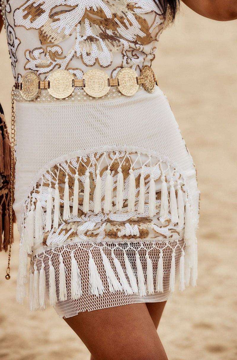 Close-up of the Mercury Gold Metal Belt showcasing the fabric texture and design details.