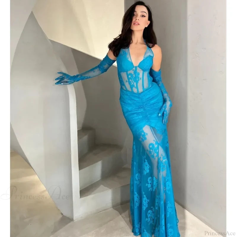 Mermaid Lace V-Neck Party Dress Blue / S Partydress-241208