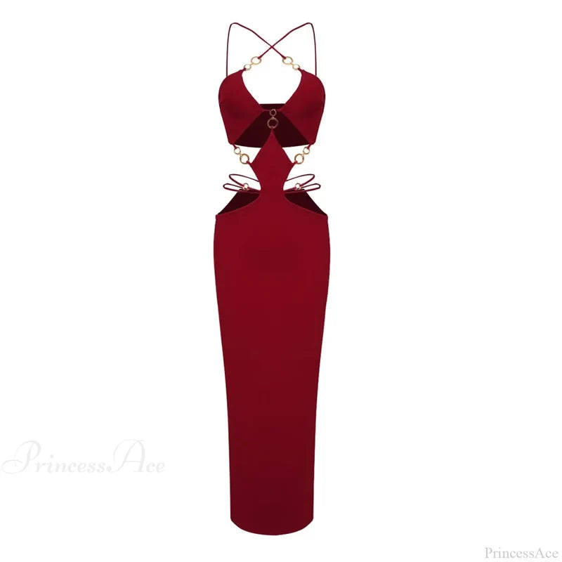 Metal Ring Halter Maxi Party Dress Burgundy / S Partydress-241208