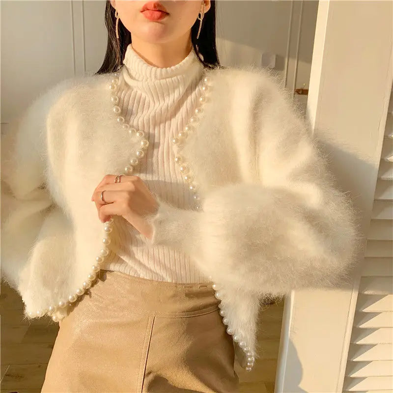 Mink Fleece Lantern Sleeve Cardigan Cardigan-241208
