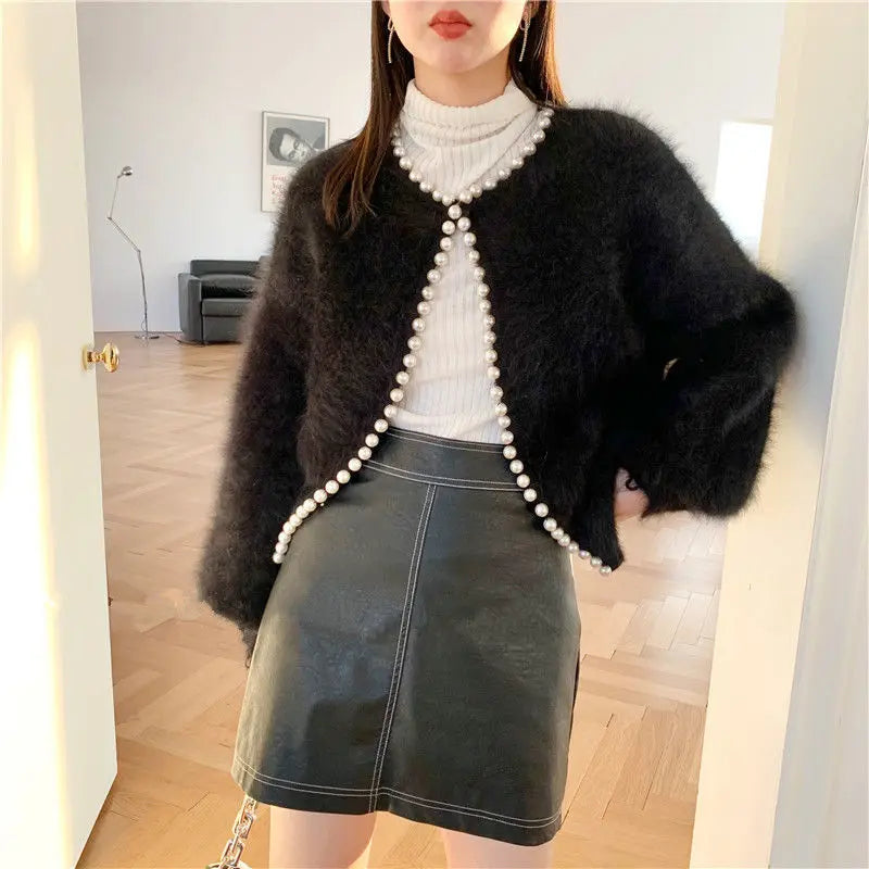 Mink Fleece Lantern Sleeve Cardigan Black / One Size Cardigan-241208