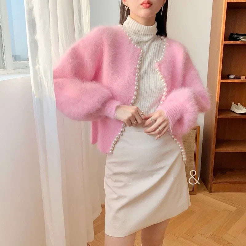 Mink Fleece Lantern Sleeve Cardigan Pink / One Size Cardigan-241208