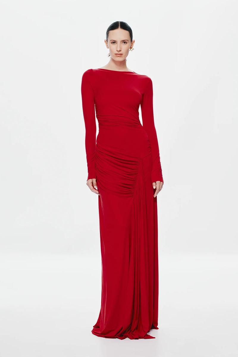 Misha Glacier Cupro Long Sleeve Maxi Dress - Cherry
