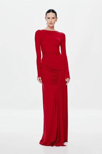Misha Glacier Cupro Long Sleeve Maxi Dress - Cherry