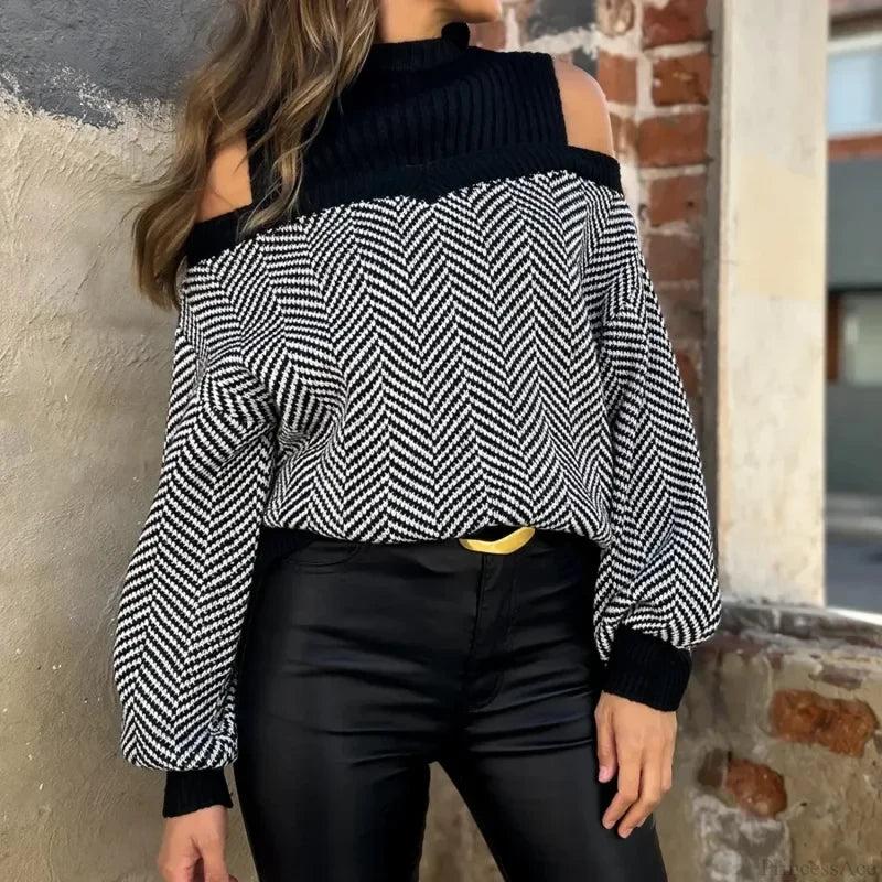 Mock Neck Hollow Out Black Sweater Black / S