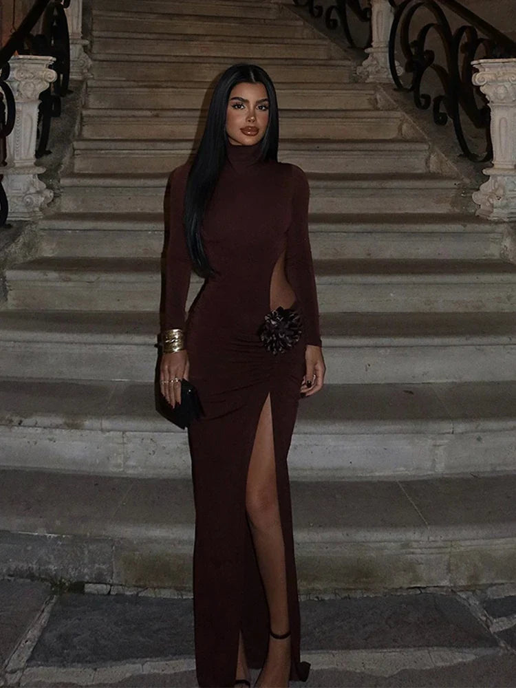 Mock Turtleneck Solid Long Sleeve Party Dress Partydress-241208