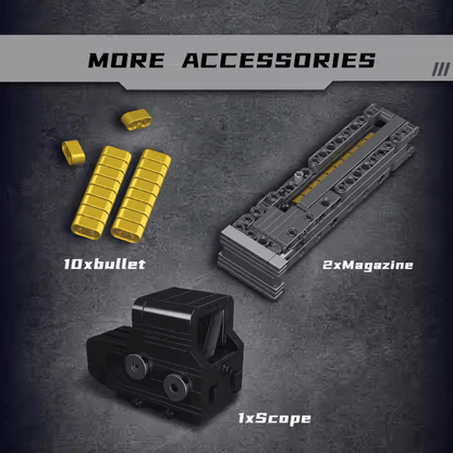 Image for bullet and Magazine and Scope collect. This is a realistic Mould King Kriss Vector pop gun building toy for kids and collectors, perfect for army toy enthusiasts.