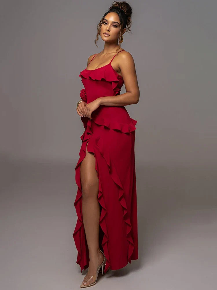Mozision Elegant Ruffle Sexy Maxi Dress Women Spaghetti Strap Flower Christmas Party Dresses-L