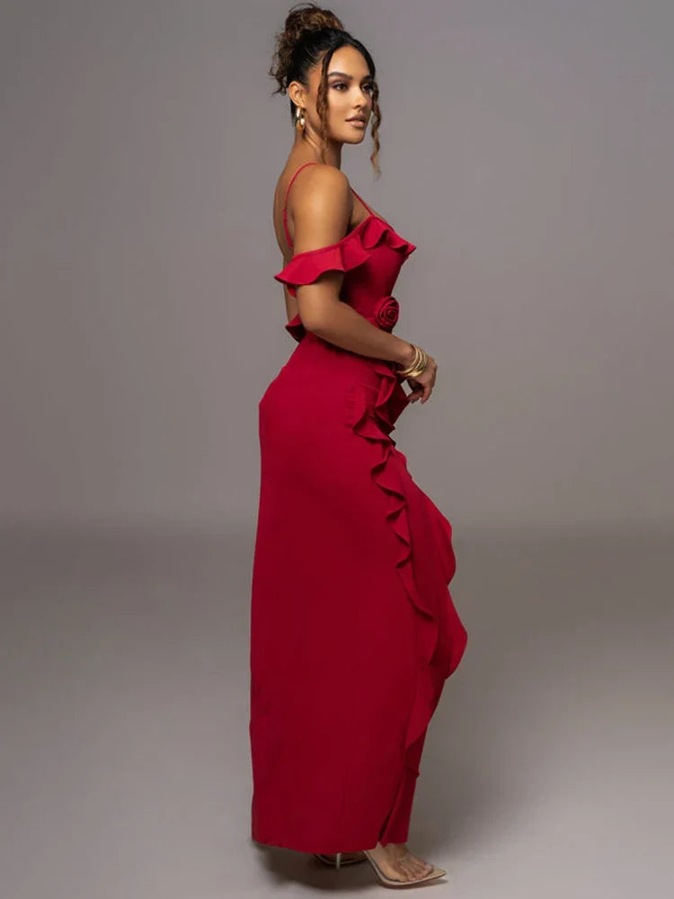 Mozision Elegant Ruffle Sexy Maxi Dress Women Spaghetti Strap Flower Christmas Party Dresses-L