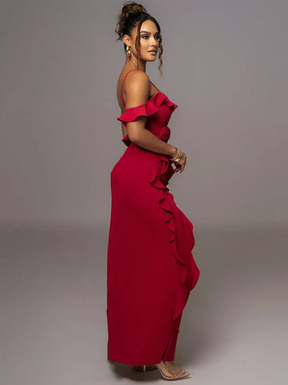 Mozision Elegant Ruffle Sexy Maxi Dress Women Spaghetti Strap Flower Christmas Party Dresses-L