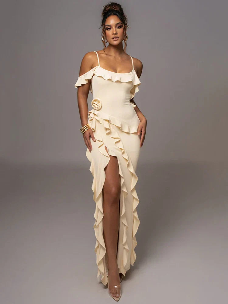 Mozision Elegant Ruffle Sexy Maxi Dress Women Spaghetti Strap Flower Christmas Party Yellow / S