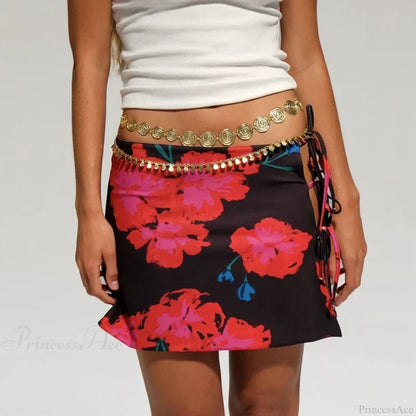 Multi-wear style Floral Print Mini Skirt Crop Tops Women Slim Low Waist Side Split Tie-Up Bodycon Skirt Y2K Vintage