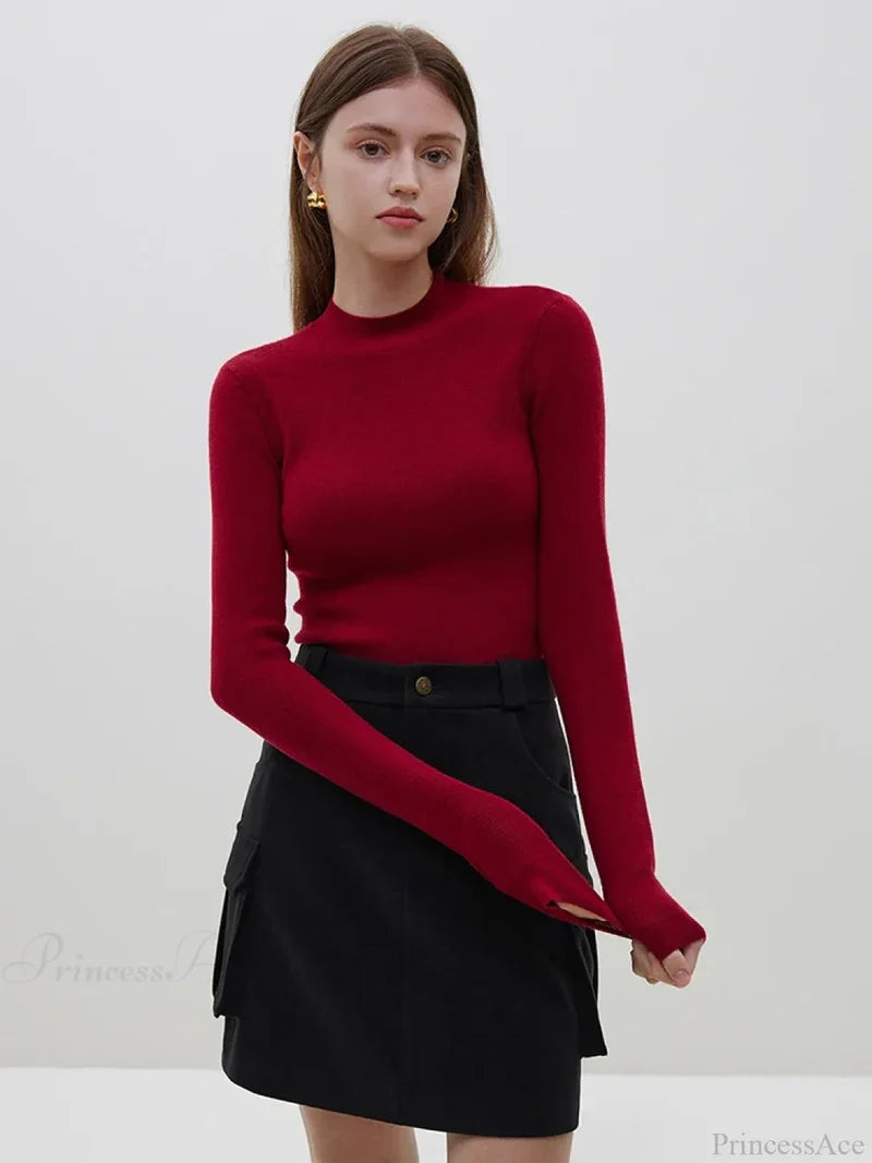 Multiple Colors Half Turtleneck Slim Knitted Sweater Red / S