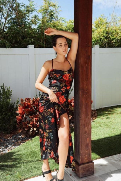 Detail shot of the Natalia Black Floral Maxi Dress highlighting the design elements.