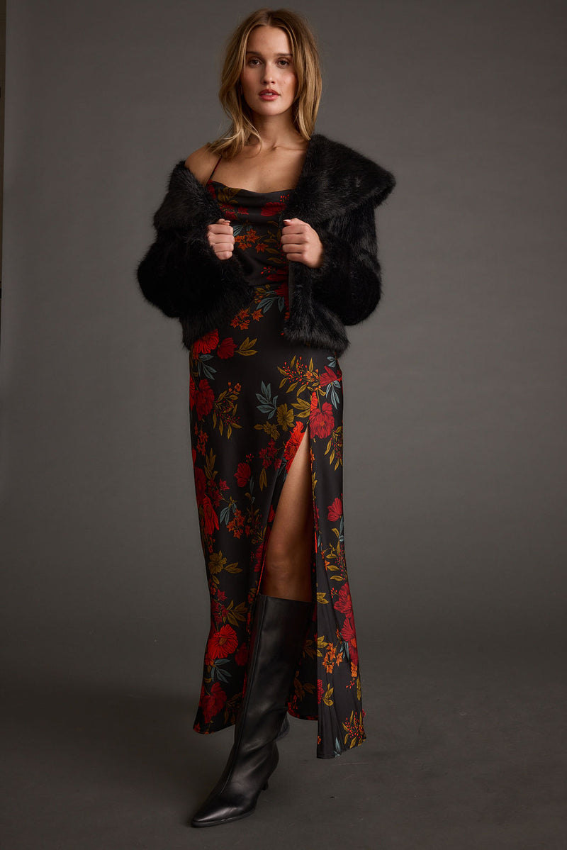 Natalia Black Floral Maxi Dress shown in a complementary styling arrangement.