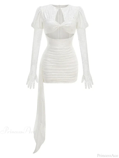 New Sexy Gloves Long Sleeves Cutout Pleated Draped Mini Christmas Party Dress White / S Dresses-L