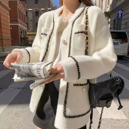 O-Neck Solid Color Office Knit Cardigan WHITE / M