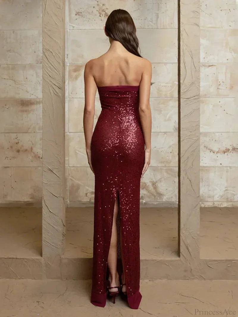 Off-Shoulder High Split Sequin Party Dress Partydress-241208