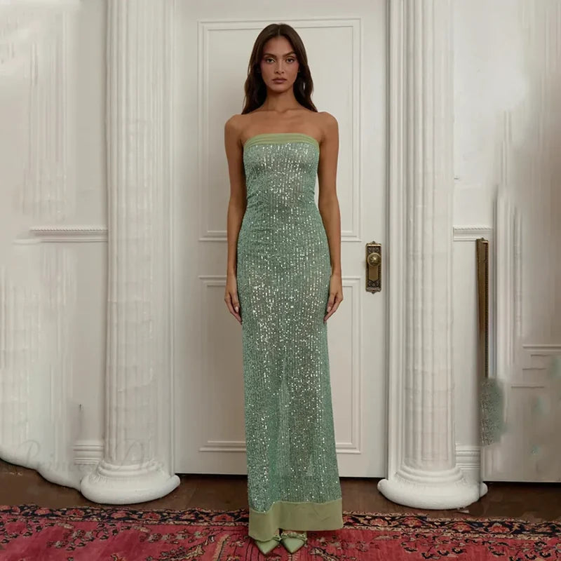 Off-Shoulder High Split Sequin Party Dress Green / S Partydress-241208