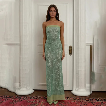 Off-Shoulder High Split Sequin Party Dress Green / S Partydress-241208