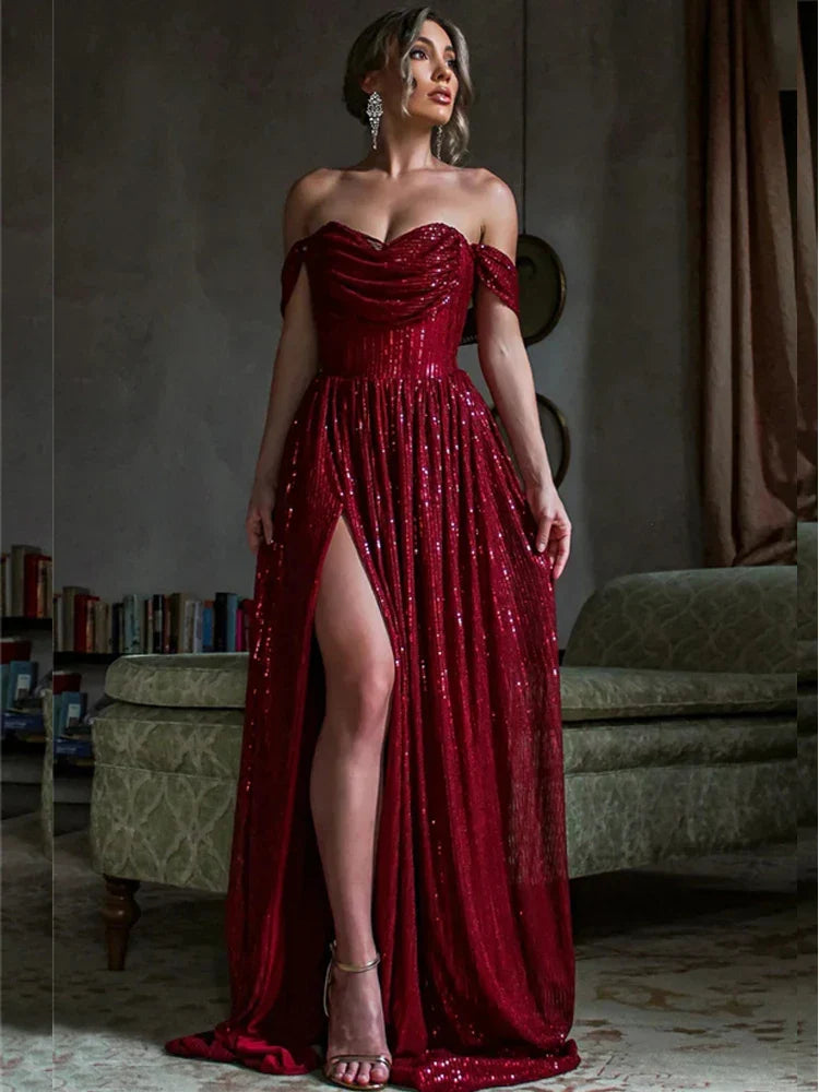Off-Shoulder Ruched Sequin Party Dress Partydress-241208
