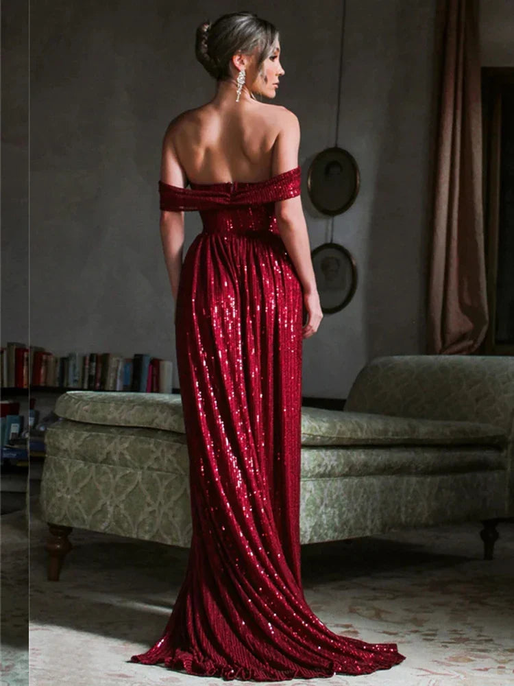 Off-Shoulder Ruched Sequin Party Dress Partydress-241208