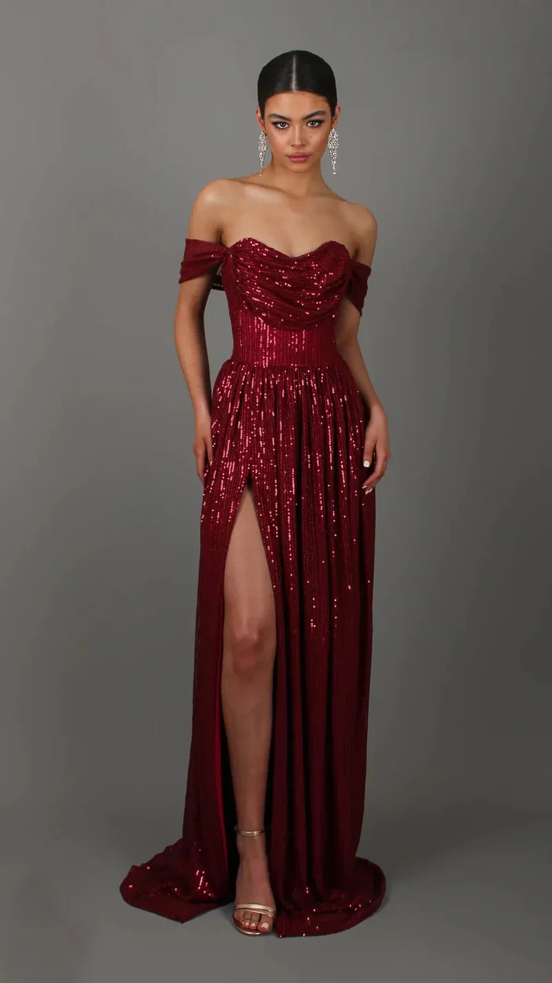 Off-Shoulder Ruched Sequin Party Dress Partydress-241208
