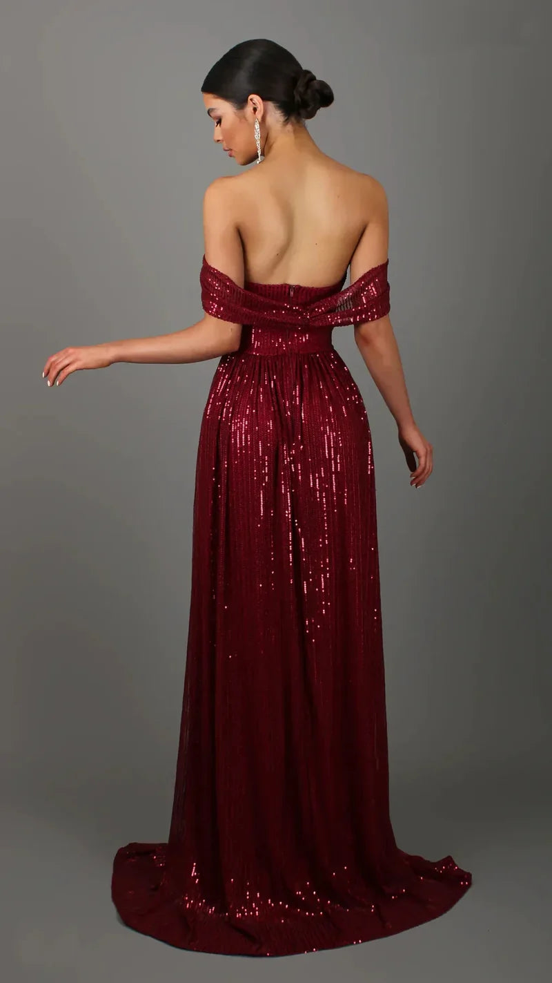 Off-Shoulder Ruched Sequin Party Dress Partydress-241208