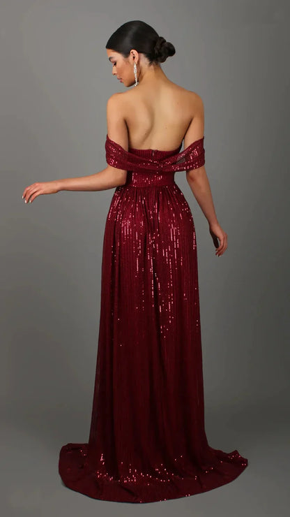 Off-Shoulder Ruched Sequin Party Dress Partydress-241208