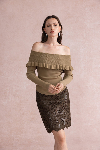 Off shoulder ruffled sweater