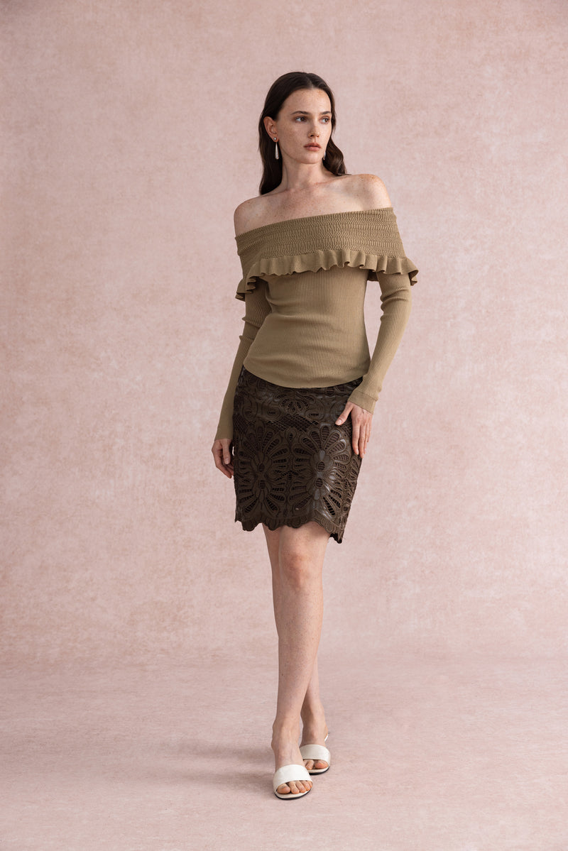 Off shoulder ruffled sweater