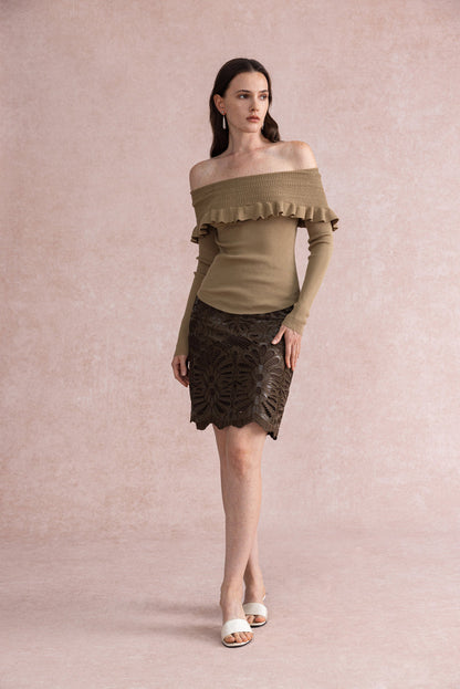 Off shoulder ruffled sweater