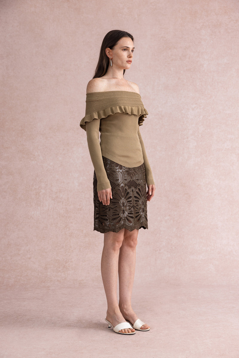Off shoulder ruffled sweater