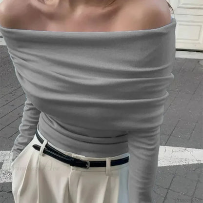 Off-Shoulder Slim Long Sleeve Pleated Sweater