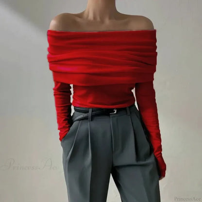 Off-Shoulder Slim Long Sleeve Pleated Sweater
