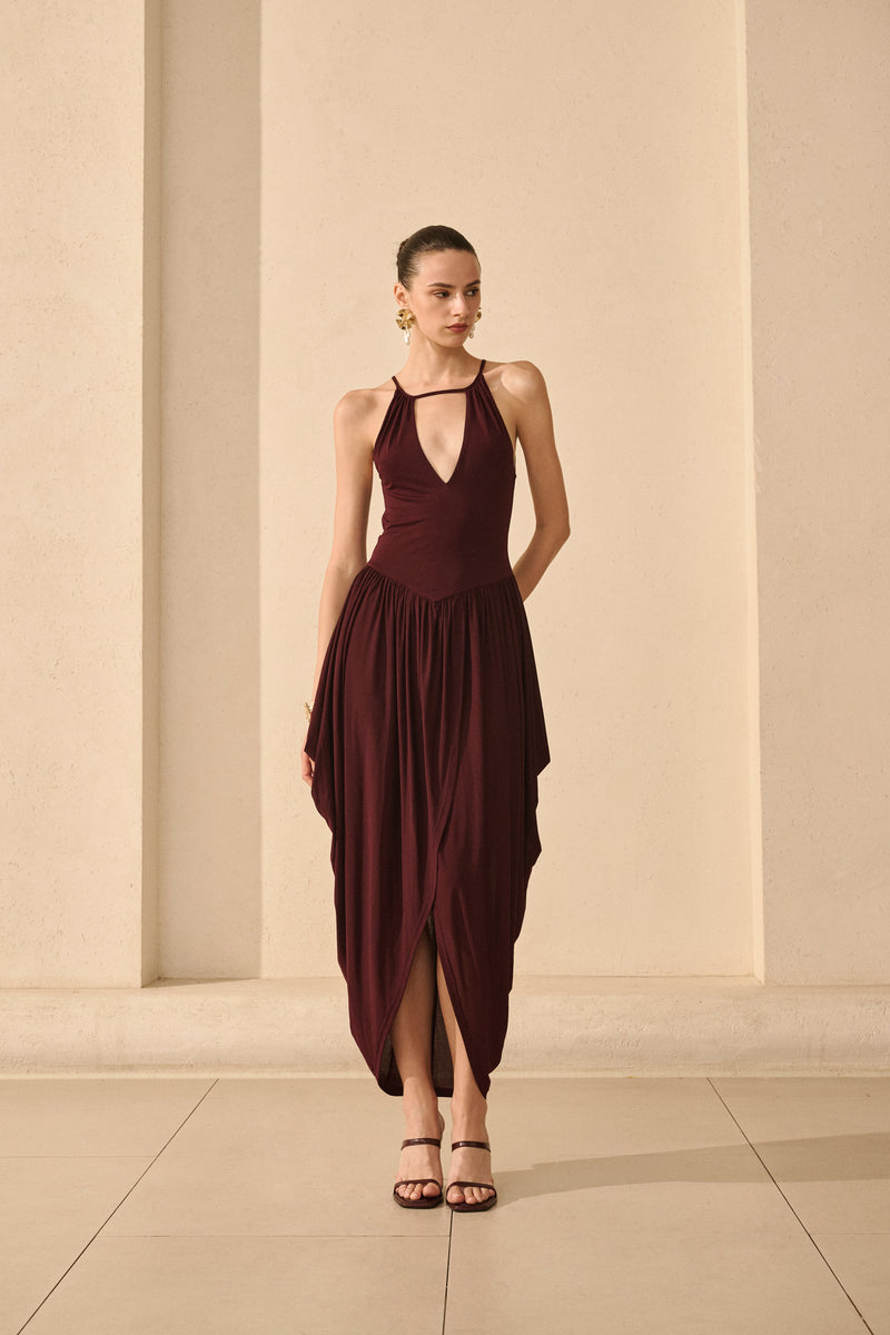 Open back draped asymmetrical dress