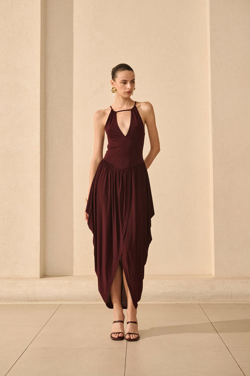 Open back draped asymmetrical dress