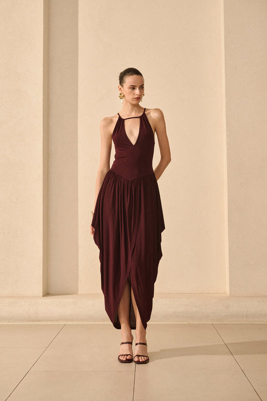 Open back draped asymmetrical dress