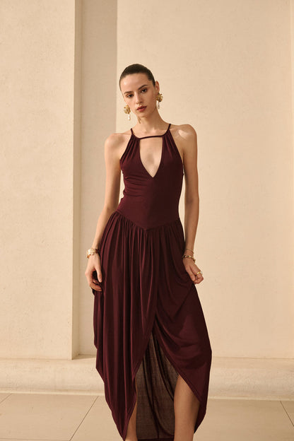 Open back draped asymmetrical dress