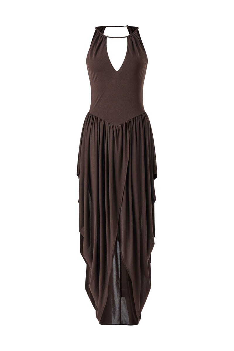 Open back draped asymmetrical dress