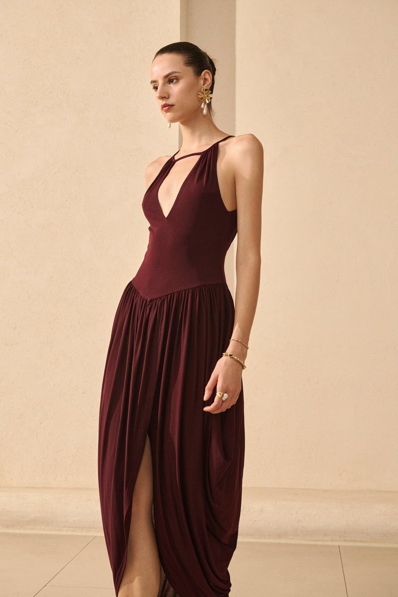 Open back draped asymmetrical dress