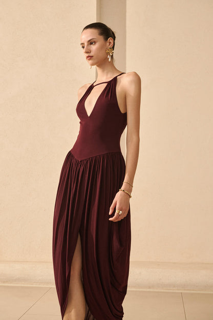 Open back draped asymmetrical dress
