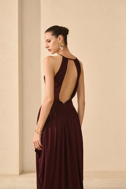 Open back draped asymmetrical dress